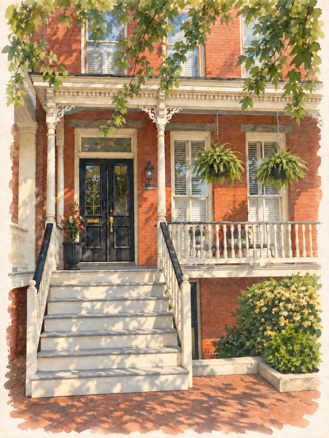 Watercolor portrait of our red-brick Victorian house in Church Hill
