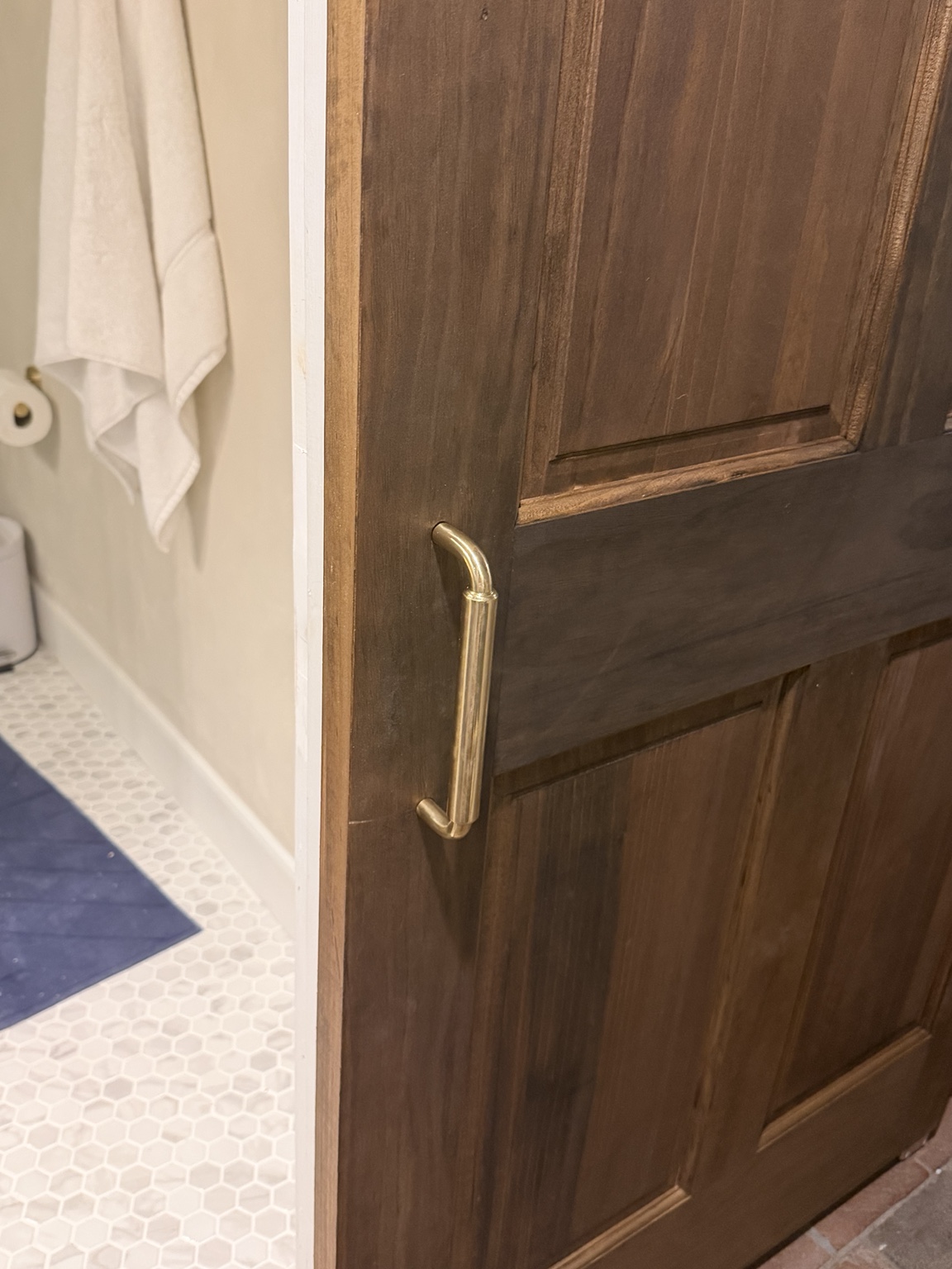 Brass pull on the stained sliding bathroom door