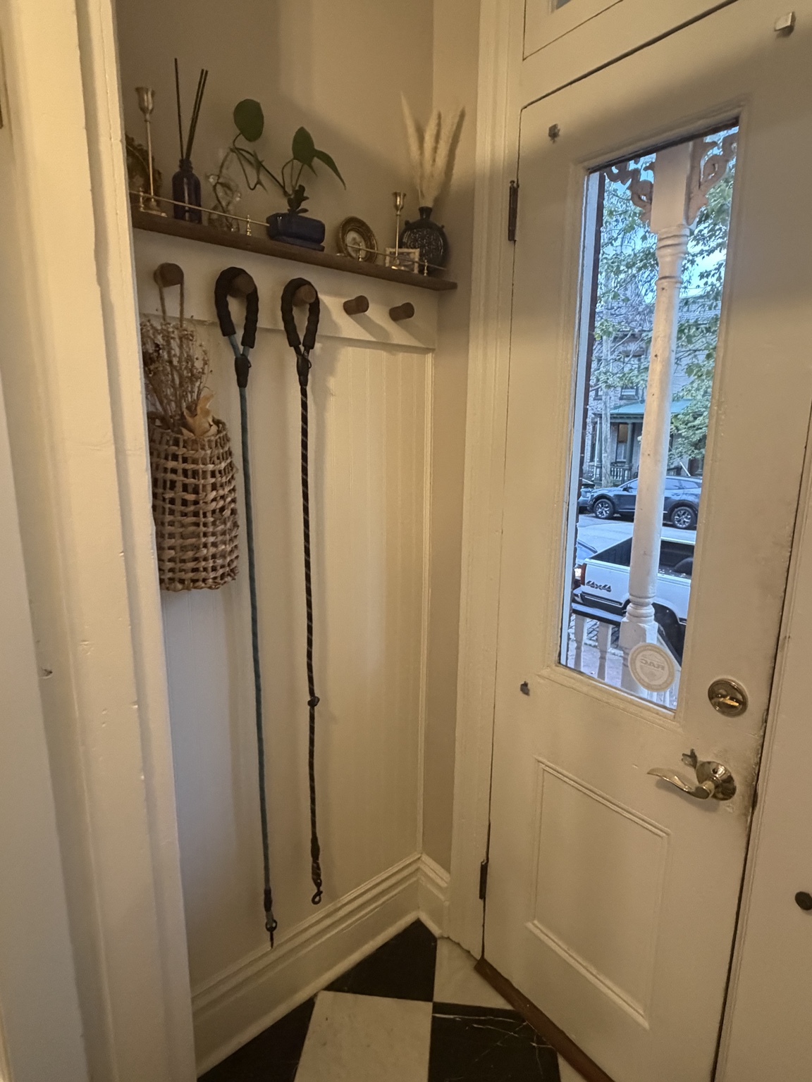 Finished vestibule wall with beadboard, stained shelf, wood leash hooks, and dog leashes